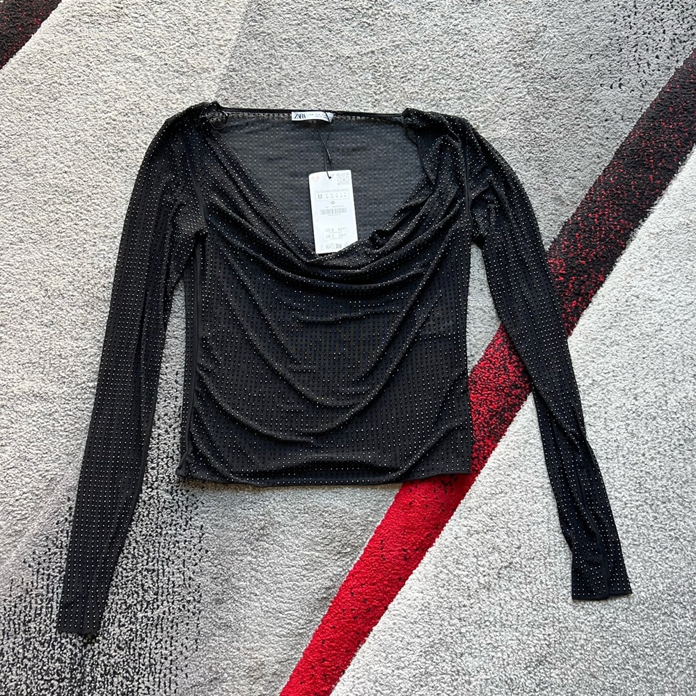 Zara Black Beaded Sheer Cocktail Long Sleeve Blouse